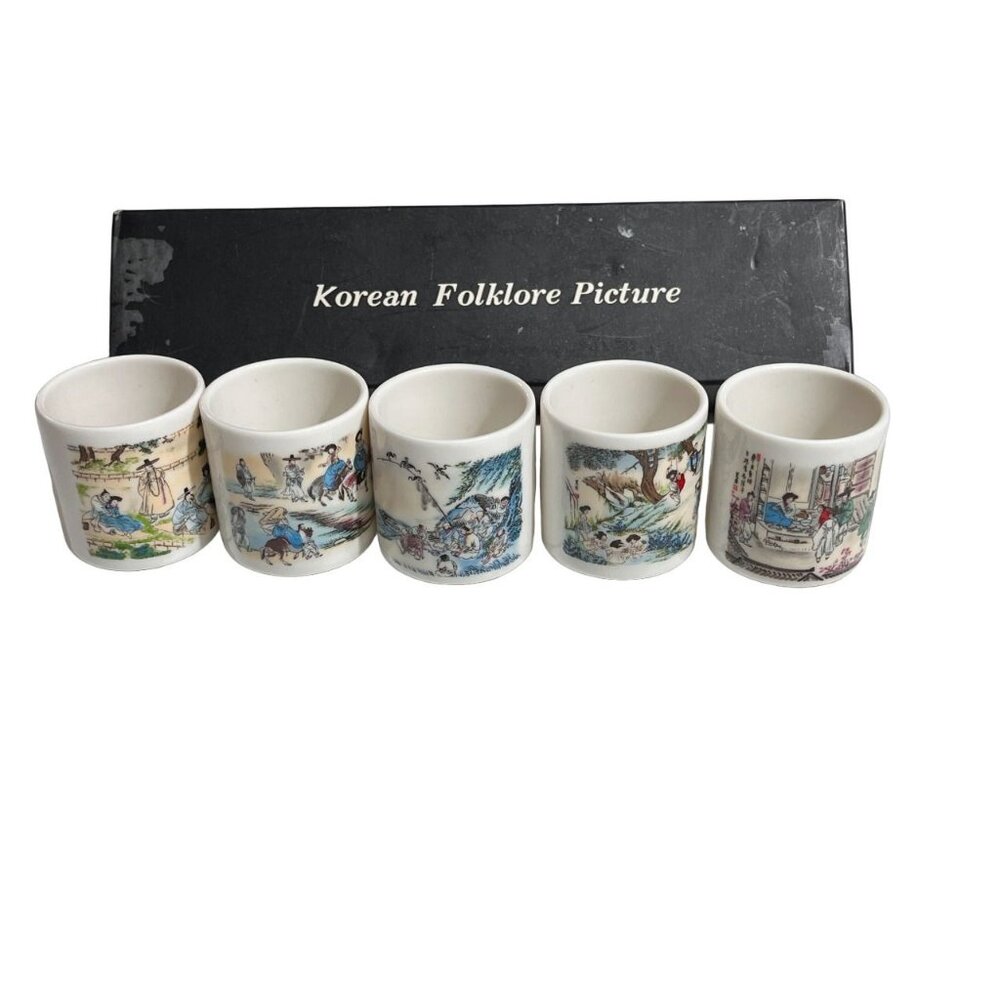 Set of 5 Sake Tea Cups Shot Glasses Sechon Ceramic Korean Folklore Pictures